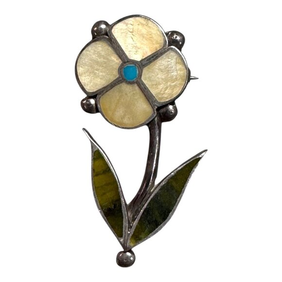 Vintage Zuni Inlaid Rosita Anselm Wallace Flower Turquoise MOP Silver Pin Brooch - Picture 1 of 4